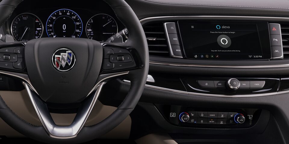 2022 Buick Enclave interior featuring the steering wheel and infotainment system.