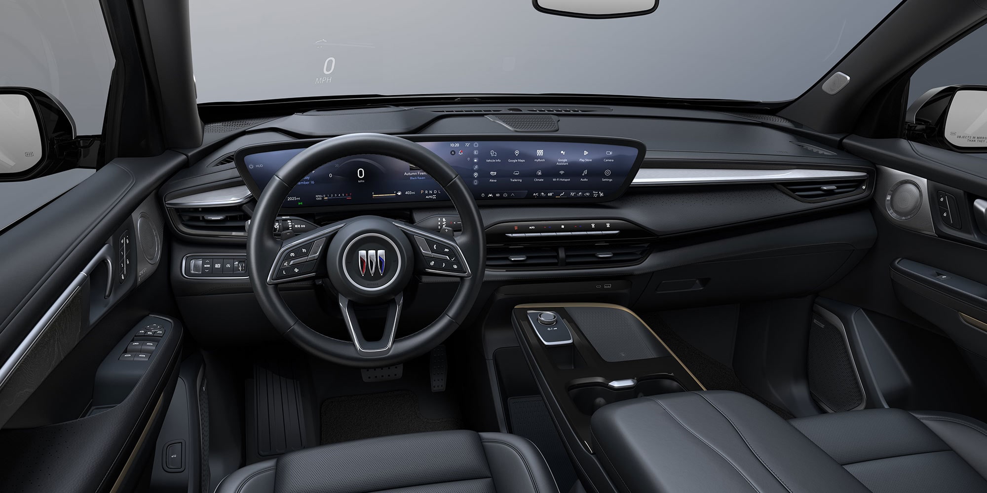 Driver's view of the spacious front interiors of the 2026 Buick Enclave Avenir.
