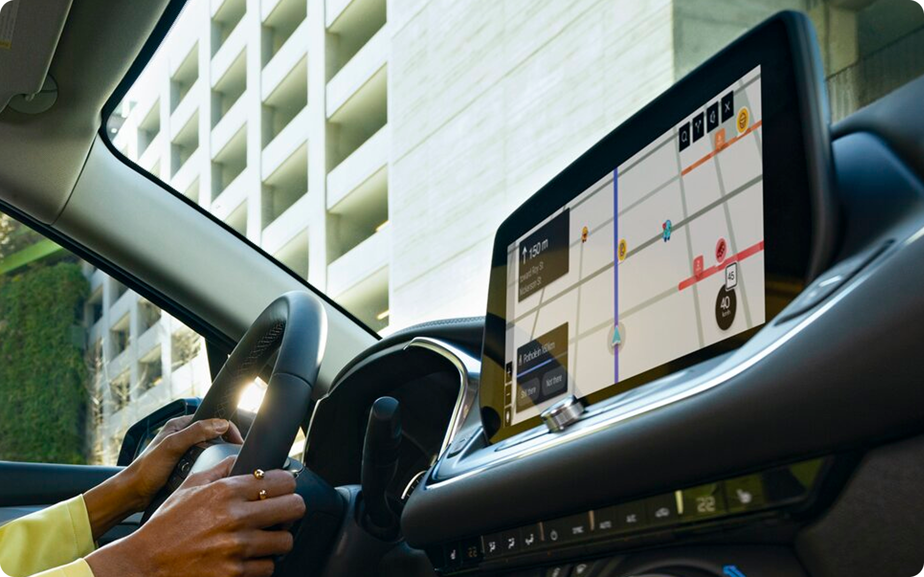 Low angle view of the infotainment system inside an OnStar-subscribed Buick vehicle.