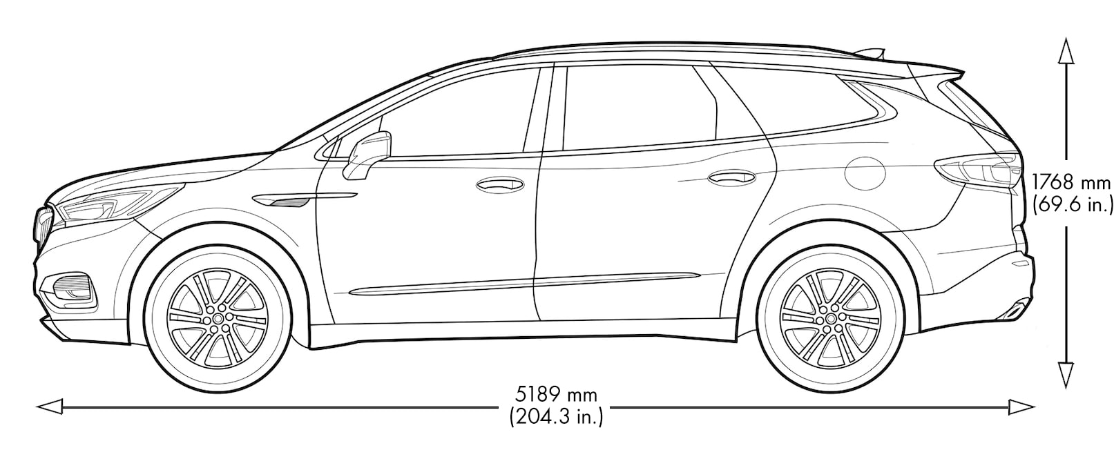 Specs diagram of 2019 Buick Enclave mid-size luxury SUV.