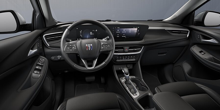 2024 Buick Encore GX Avenir front interior in Ebony with Ebony Accents.