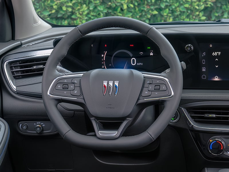 Close up view of the flat-bottom steering wheel on the 2025 Buick Encore GX ST.