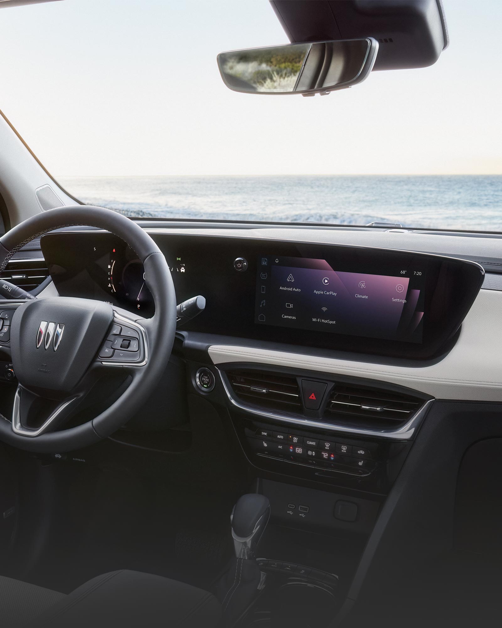 Le volant et l’écran du système d’infodivertissement du Buick Encore GX 2026.