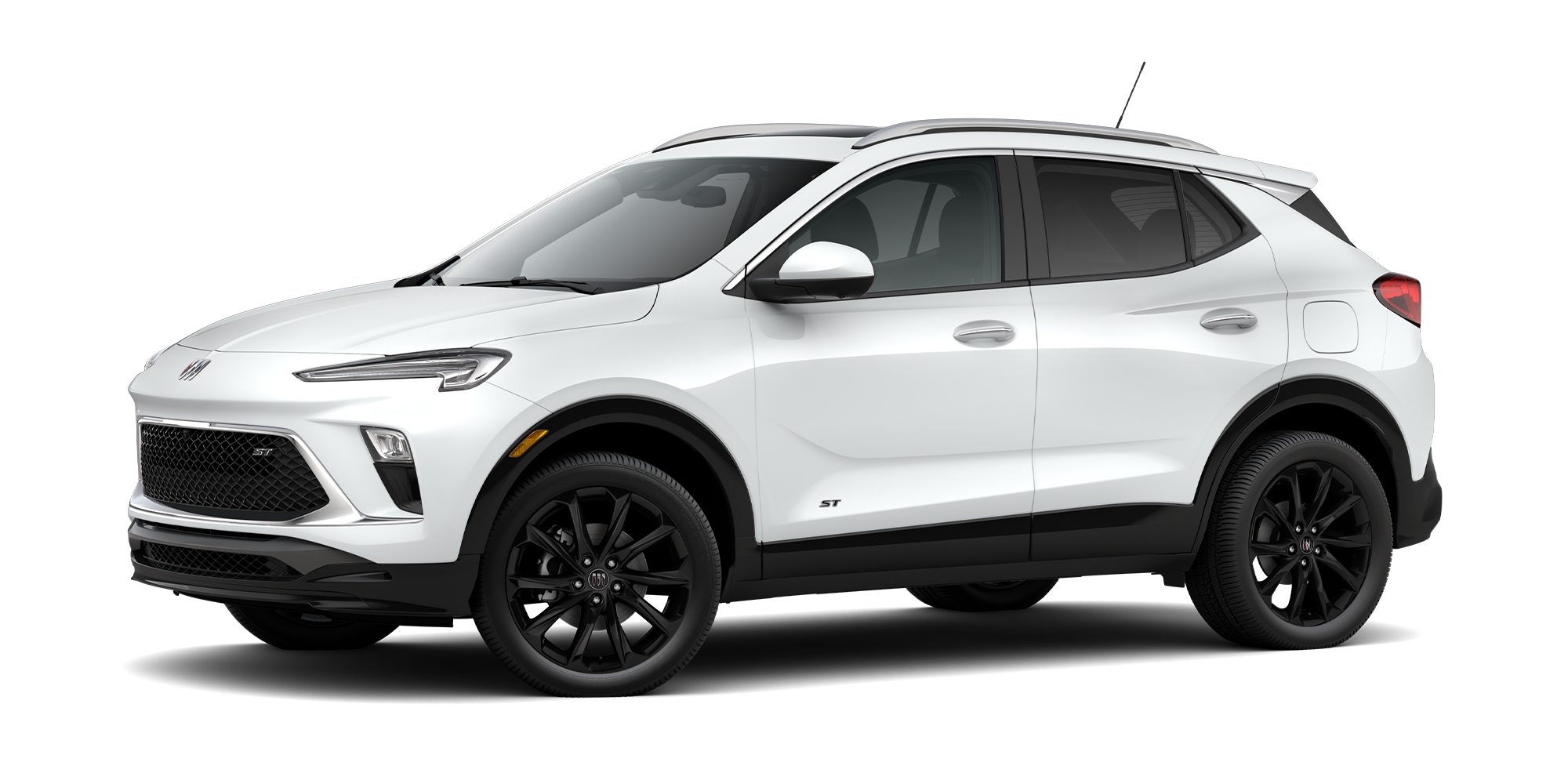 Three-Quarters View of the 2026 Buick Encore GX ST Sporty SUV in the Color Summit White