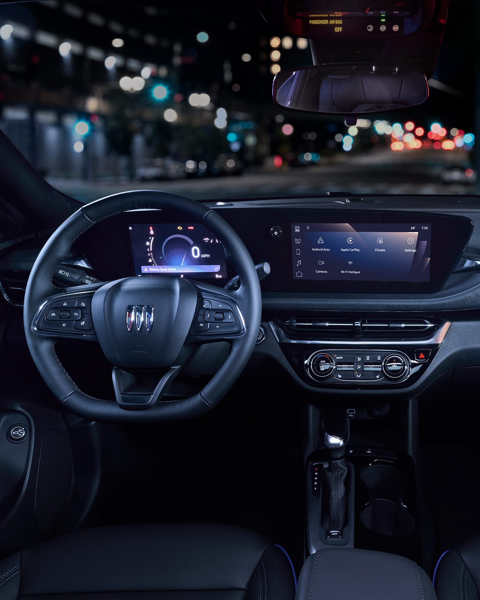 Front interiors of the 2026 Buick Envista ST during night.