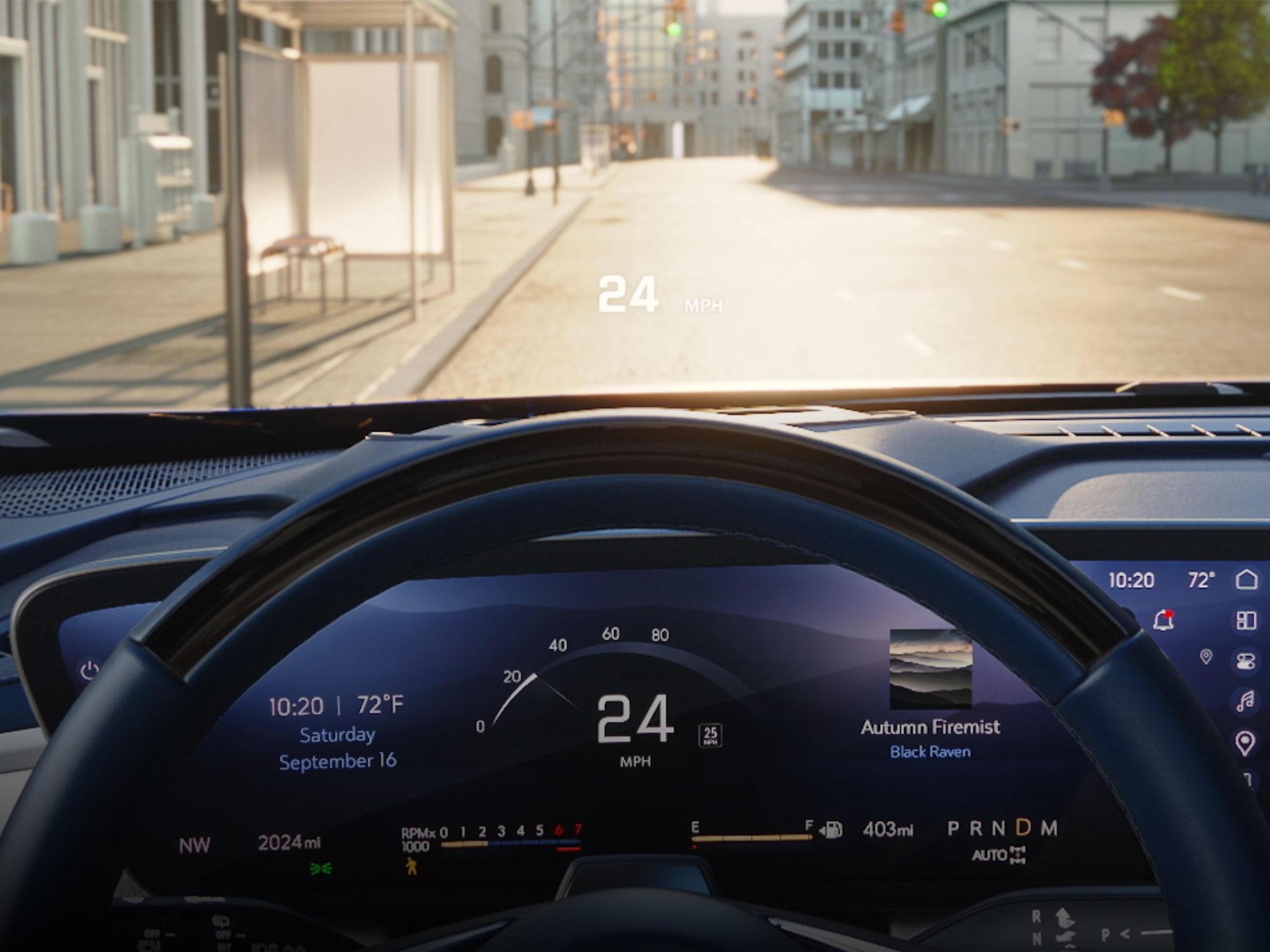An Interior View of a 2027 Buick Enclave Avenir Car's Dashboard Showing a Digital Display and a Head Up Display of 24 MPH.
