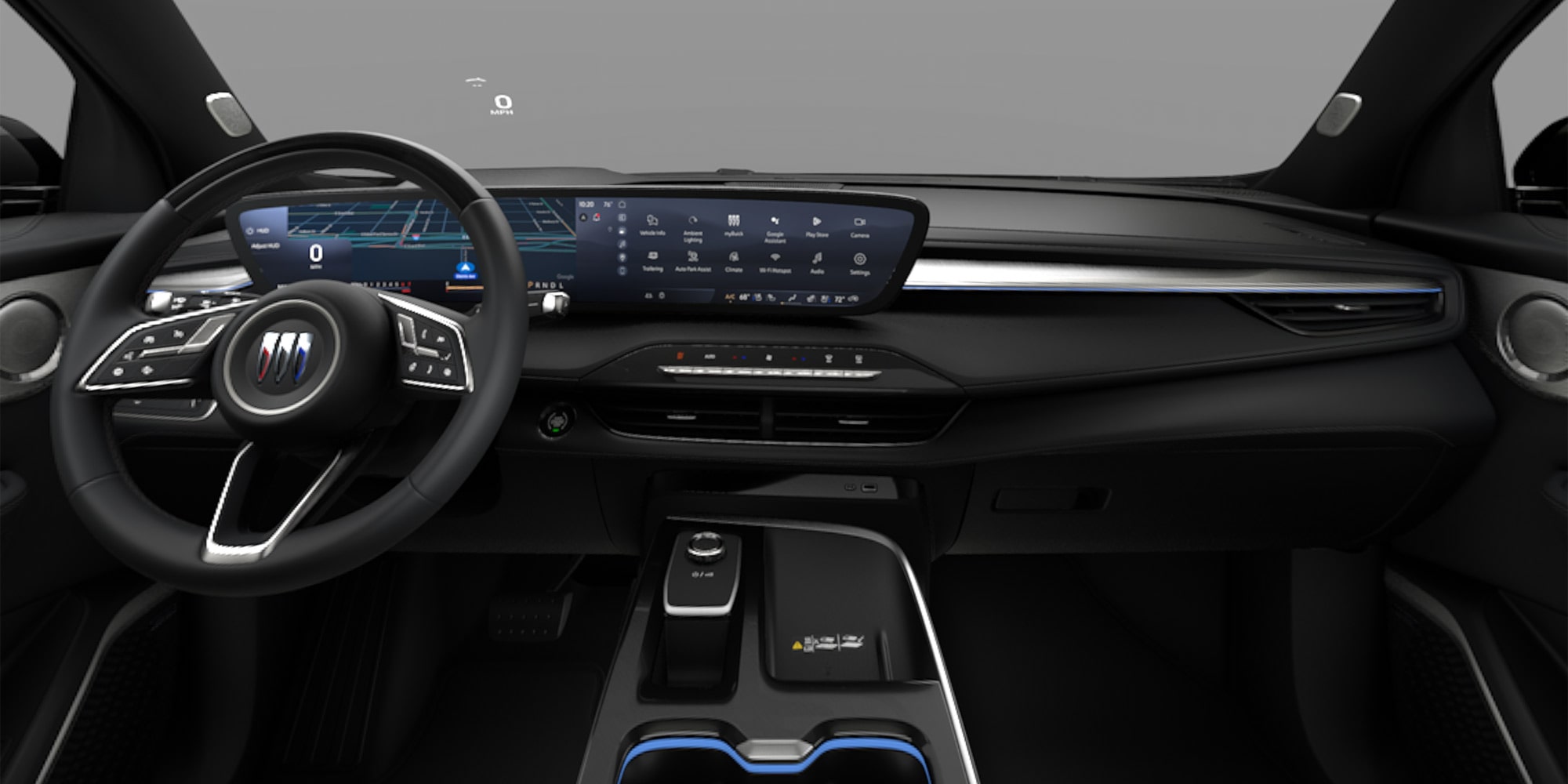 The Modern Interior Dashboard of a 2027 Buick Enclave Avenir Vehicle with a Wide Curved Digital Display and the Buick Logo on the Steering Wheel.