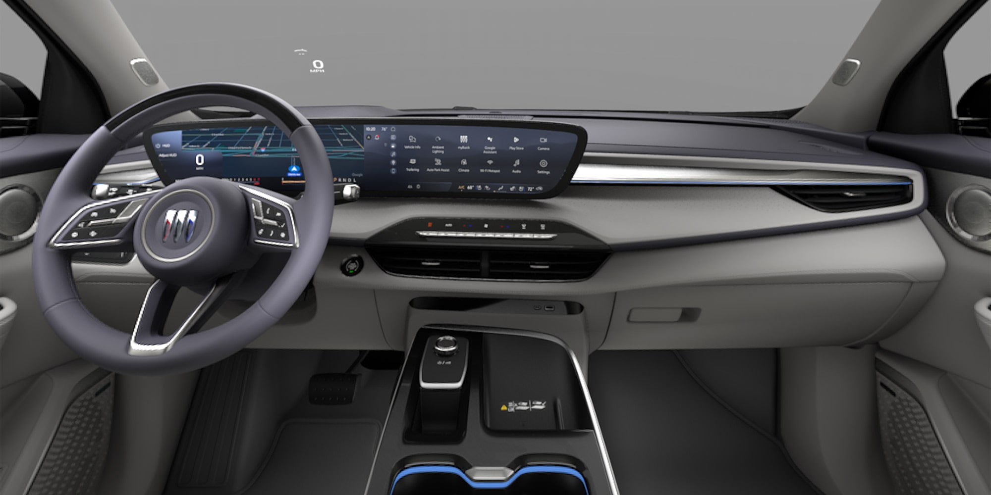 Cool Grey with Twilight accent Interiors of the 2027 Buick Enclave Avenir.
