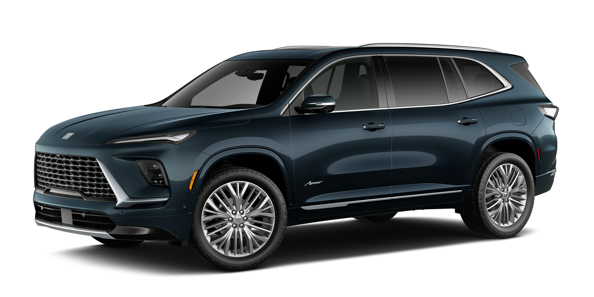Three Quarter View of a Blue Onyx Metallic 2027 Buick Enclave Avenir SUV.
