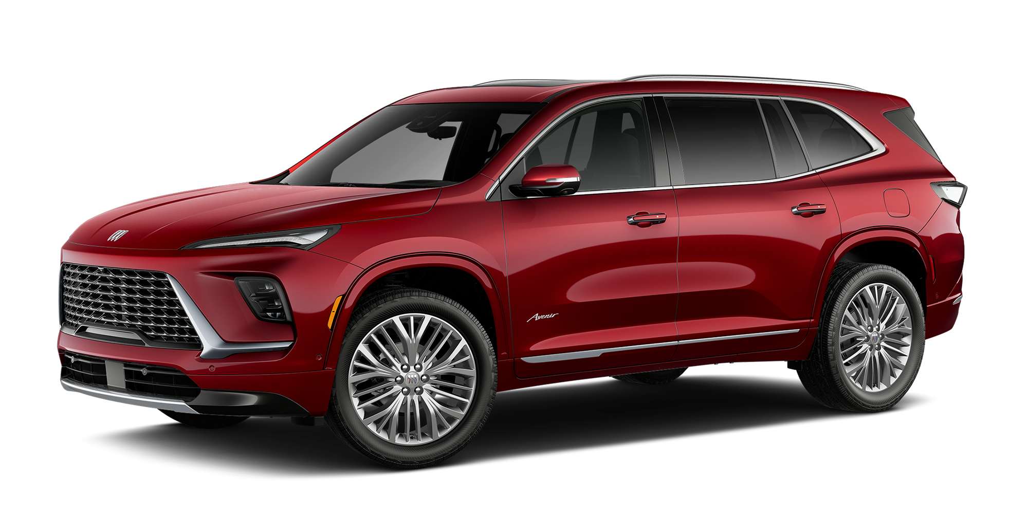 Three Quarter View of a Cherry Red 2027 Buick Enclave Avenir SUV.