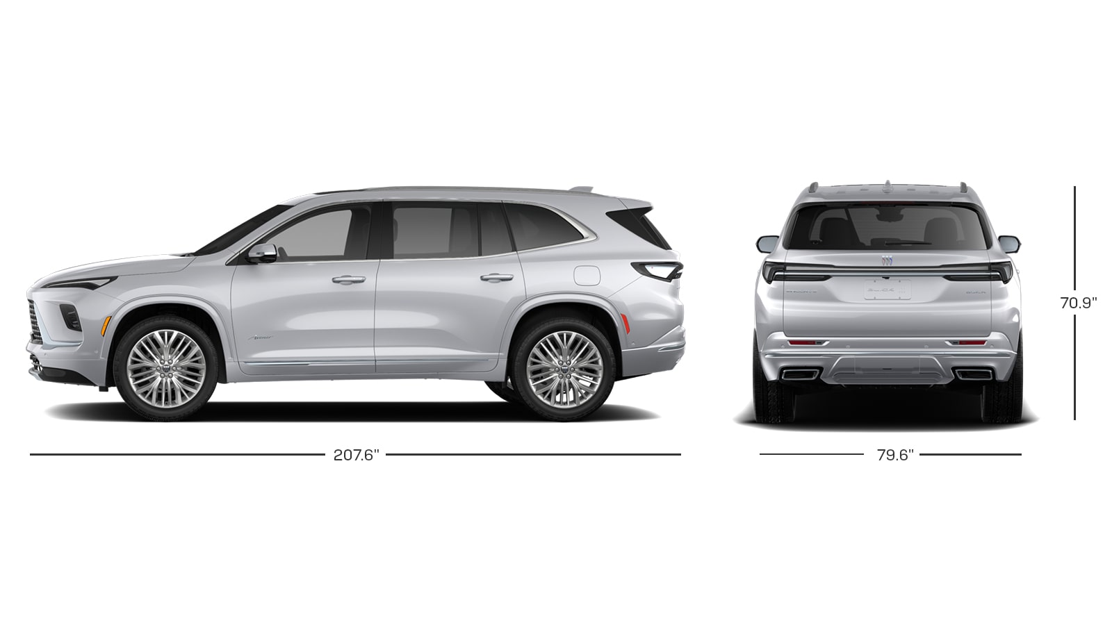 A grey 2027 Buick Enclave Avenir SUV Displayed with a Side Profile View and a Rear View Including Measurement Dimensions.