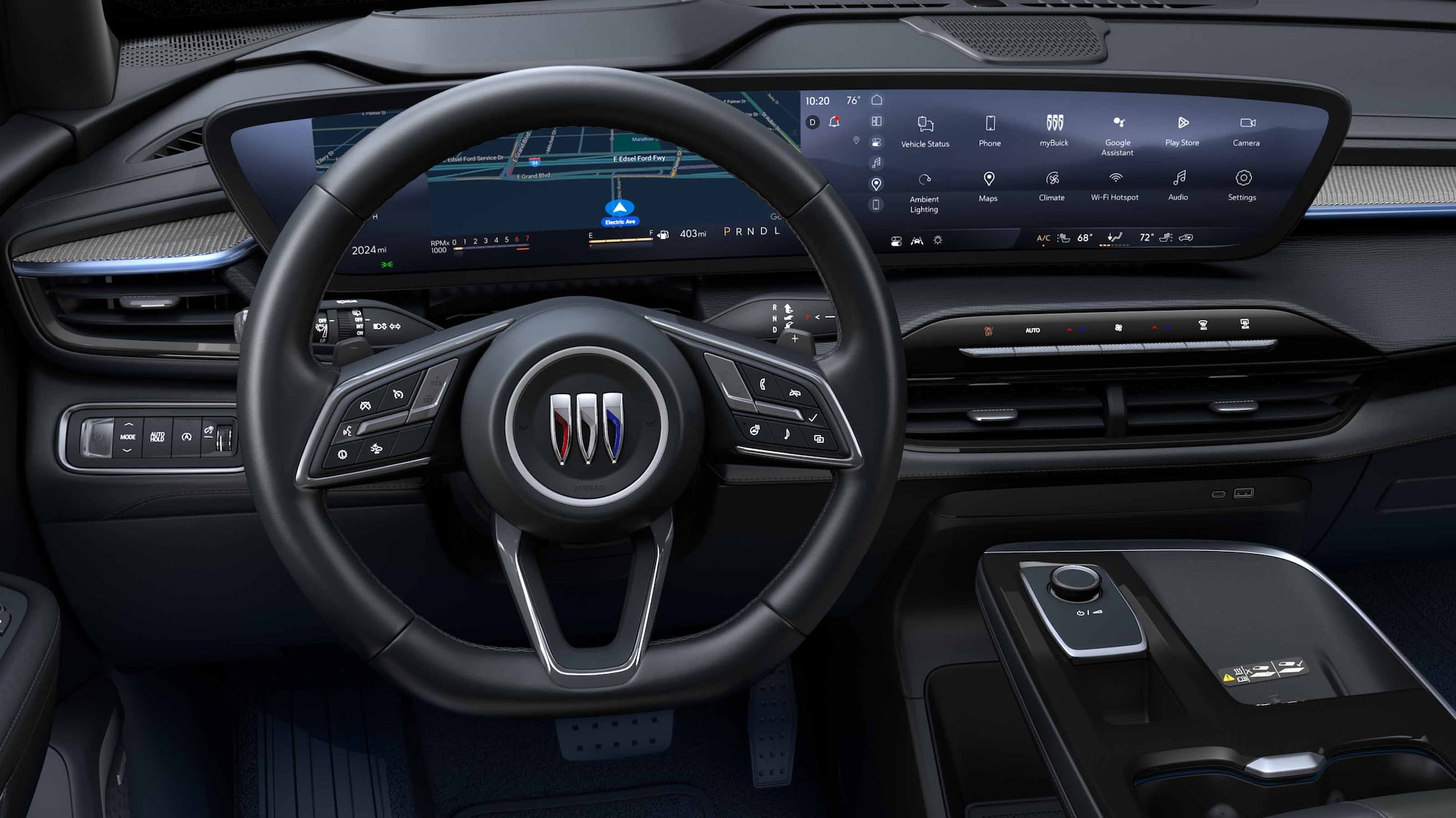 Le tableau de bord intérieur moderne d’un véhicule Buick Enclave 2027 avec un large affichage numérique incurvé et le logo Buick Enclave 2027 sur le volant