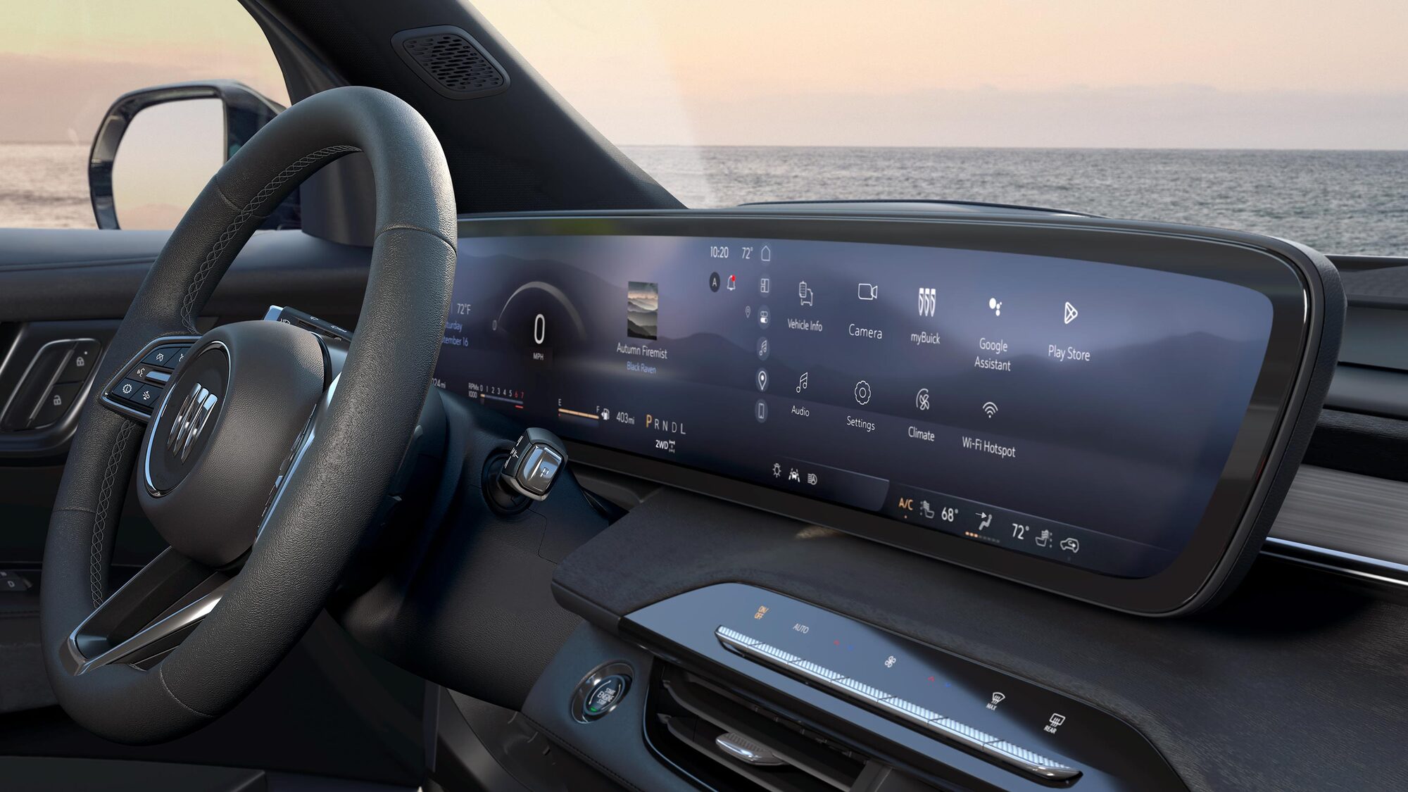 Vue rapprochée du tableau de bord de la Buick Enclave 2027 avec un grand écran numérique courbé et un horizon océanique en arrière-plan.