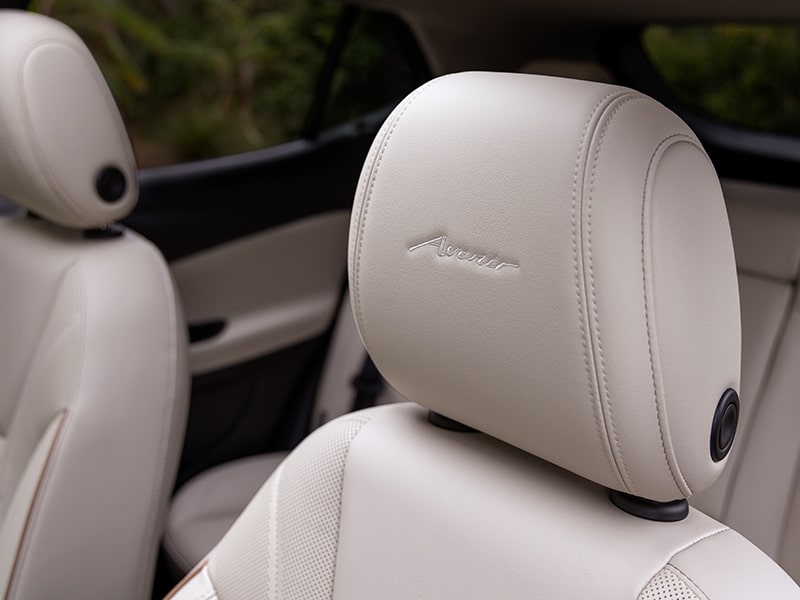 Close up view of the leather-trimmed seats on the 2025 Buick Encore GX Avenir.