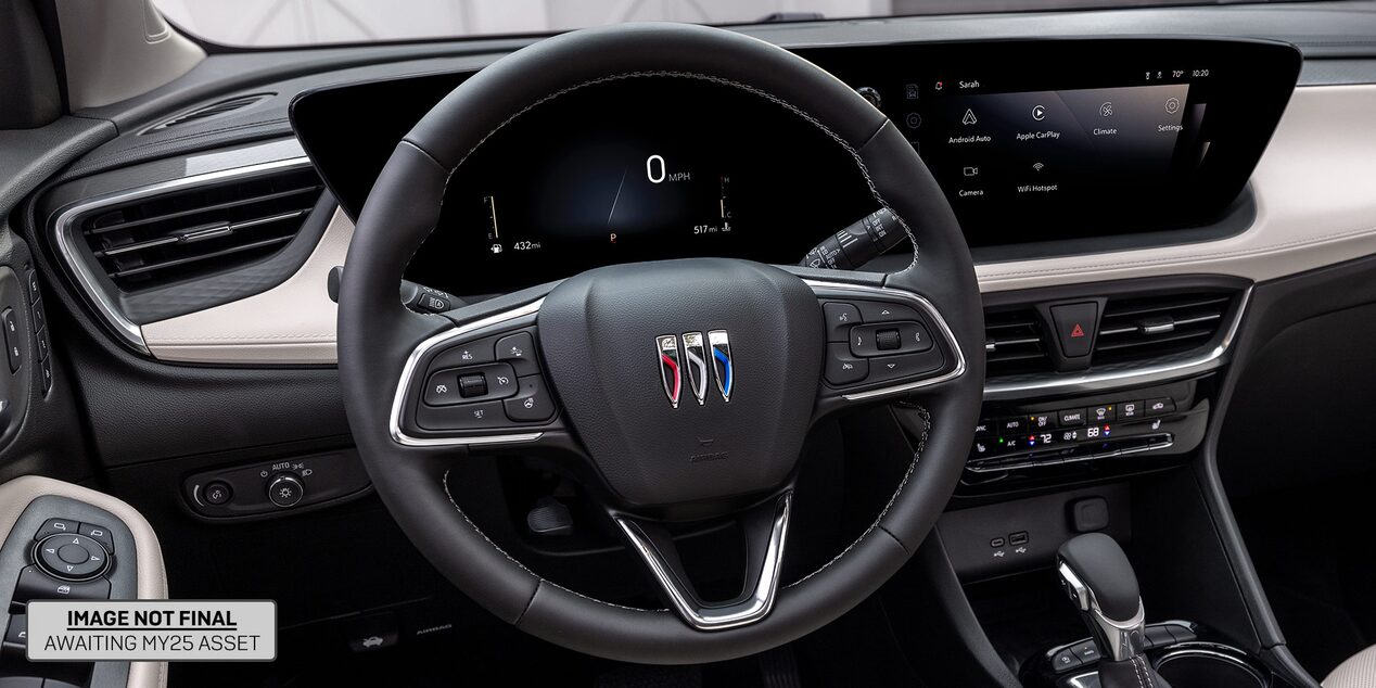 Le volant du Buick Encore GX Avenir 2025 vu par le conducteur.