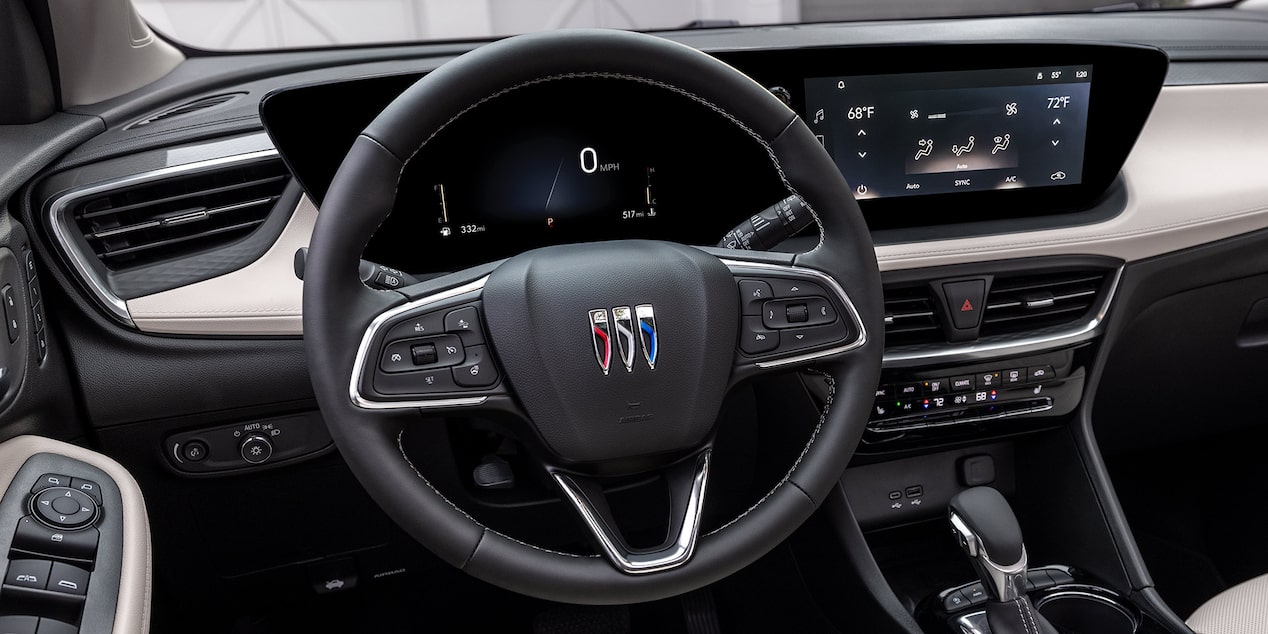 Driver's perspective of the steering wheel on the 2025 Buick Encore GX Avenir.