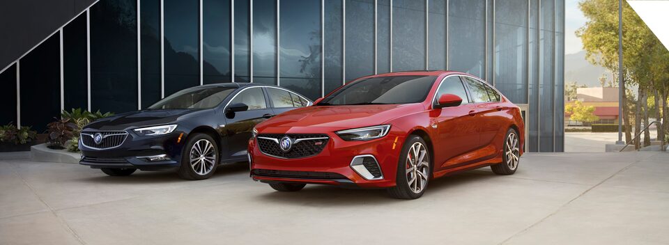 Discontinued 2020 Buick Regal Sportback and 2020 Buick Regal GS parked outside.