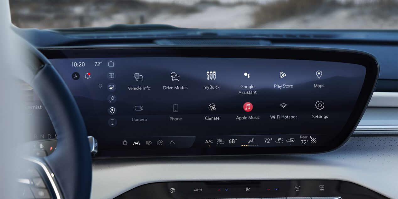 A Buick Infotainment Screen Displaying Key Apps Such as MyBuick, Google Assistant, and Apple Music with Current Time 10:20