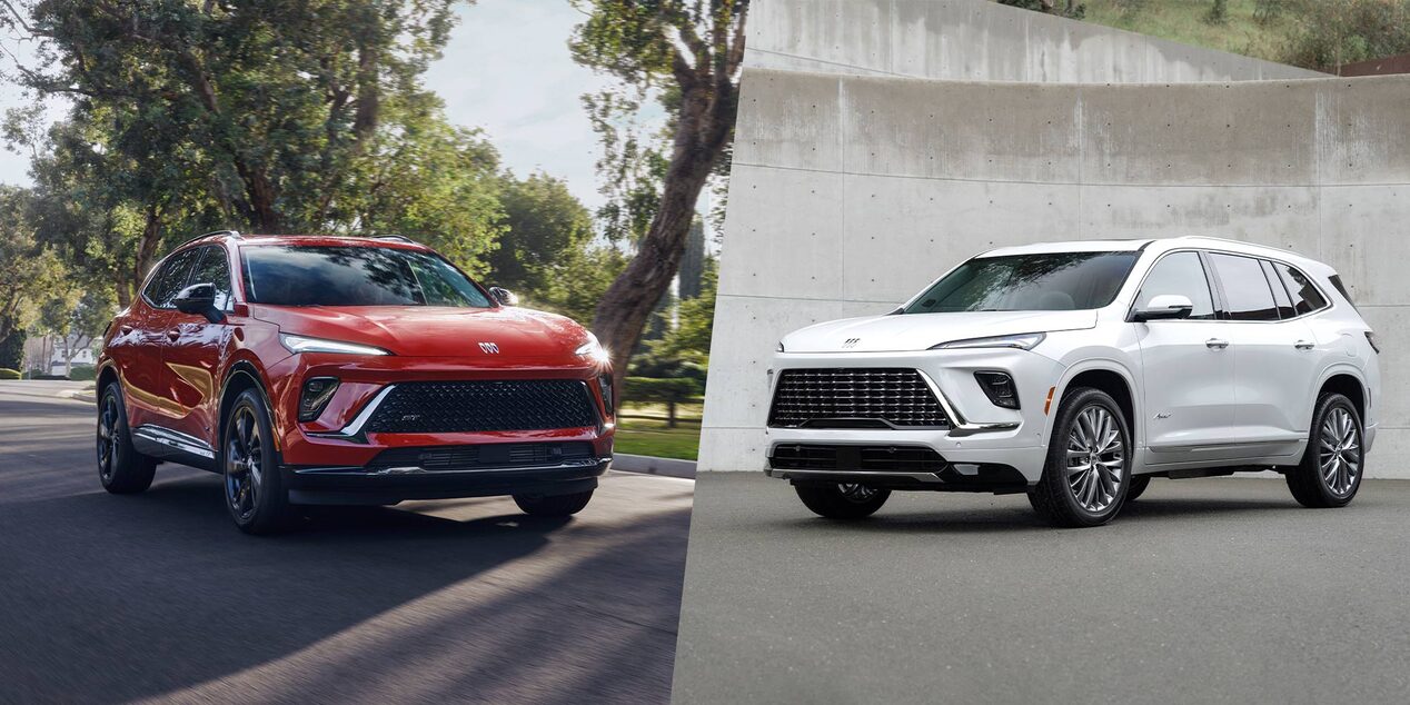 Two Buick SUVs Displayed Side-by-Side a Red SUV Driving on a Tree-Lined Road and a White SUV Parked Next to a Concrete Wall