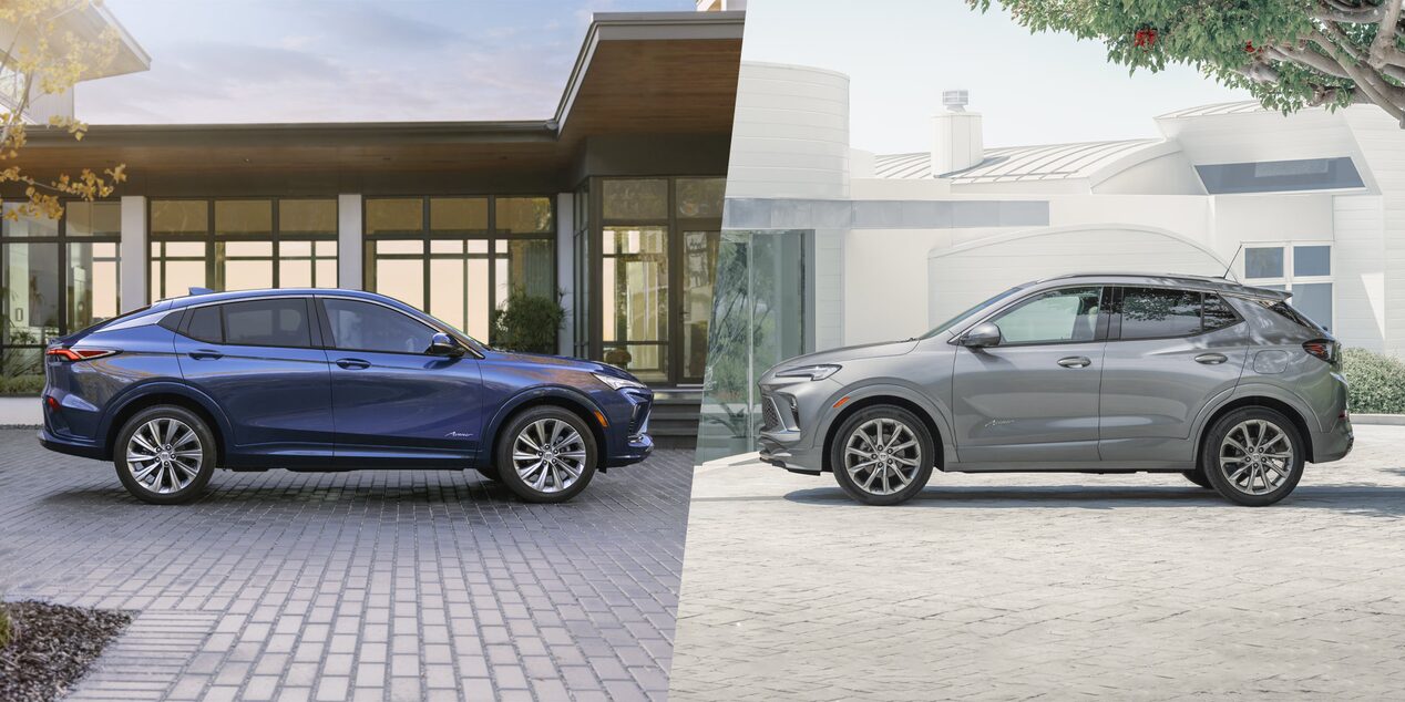 A Side-By-Side Comparison of a Blue Buick Envista and a Gray Buick Encore GX Both Displaying Their Side Profiles