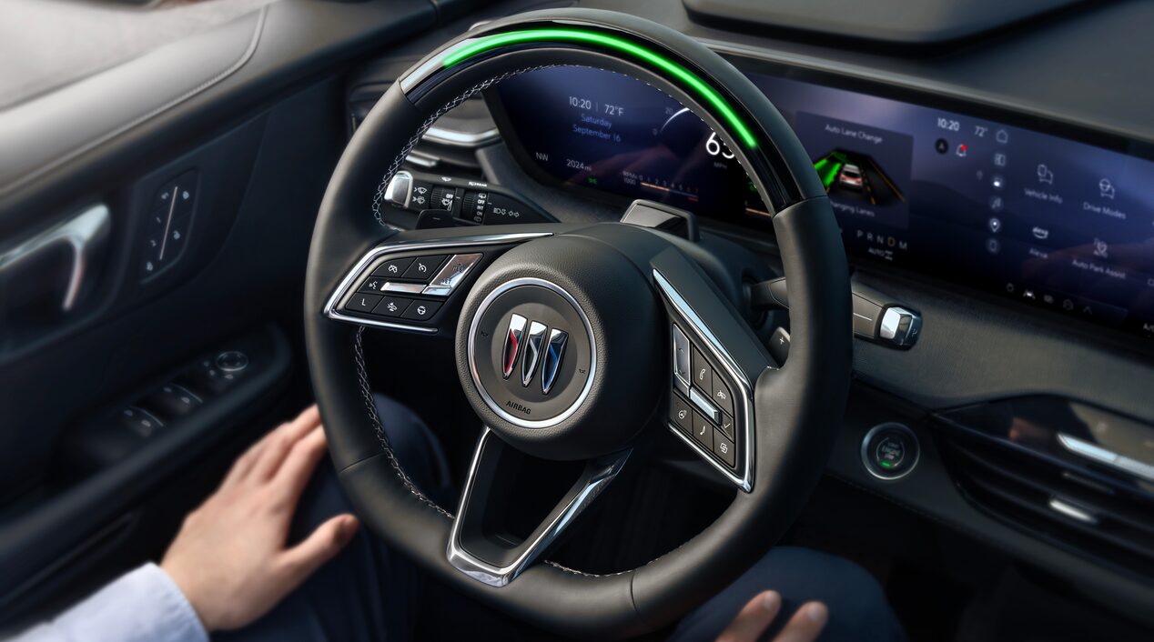 Interior View of the Steering Wheel Displaying the Super Cruise Feature in a Buick Vehicle