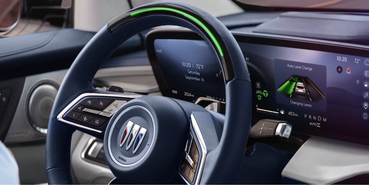 View of the Steering Wheel Displaying the Hands-Free Driving Assistance Technology Super Cruise