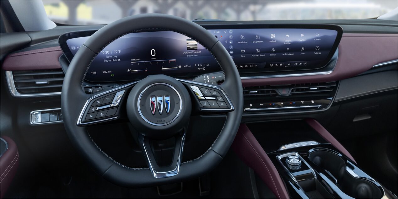 Interior View of the Steering Wheel and Infotainment Screen in a Buick Vehicle