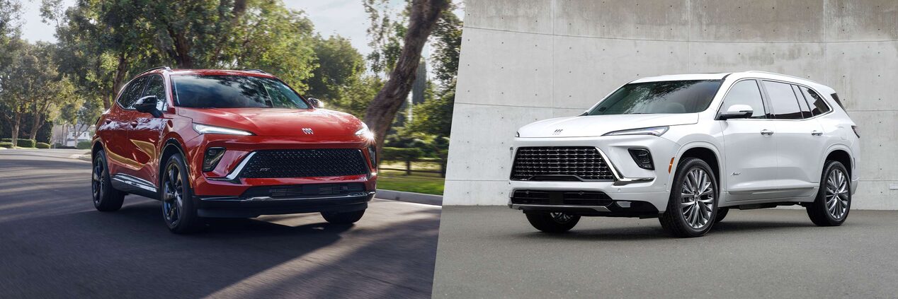 Two Buick SUVs Displayed Side-by-Side a Red SUV Driving on a Tree-Lined Road and a White SUV Parked Next to a Concrete Wall