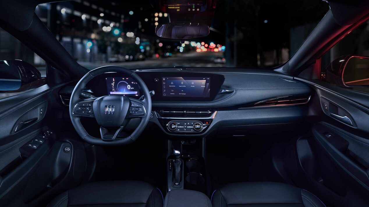 Interior View of the Steering Wheel, Dashboard, and Infotainment Screen in the Buick Envista Compact Crossover