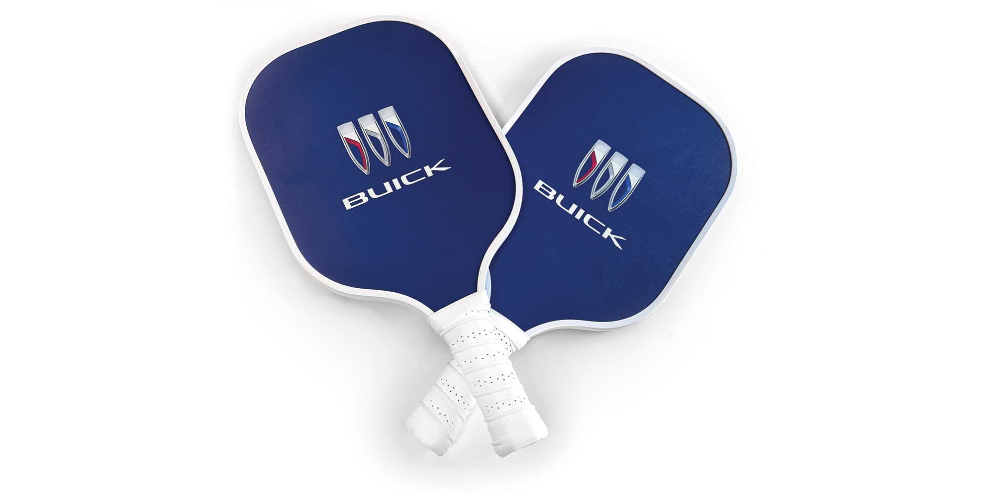 Two Blue Pickleball Paddles with the Buick Logo and Text Displayed on a White Background
