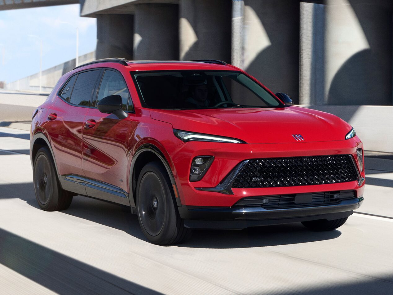 Front Three-Quarter Exterior View of a Red Buick Envision Compact SUV