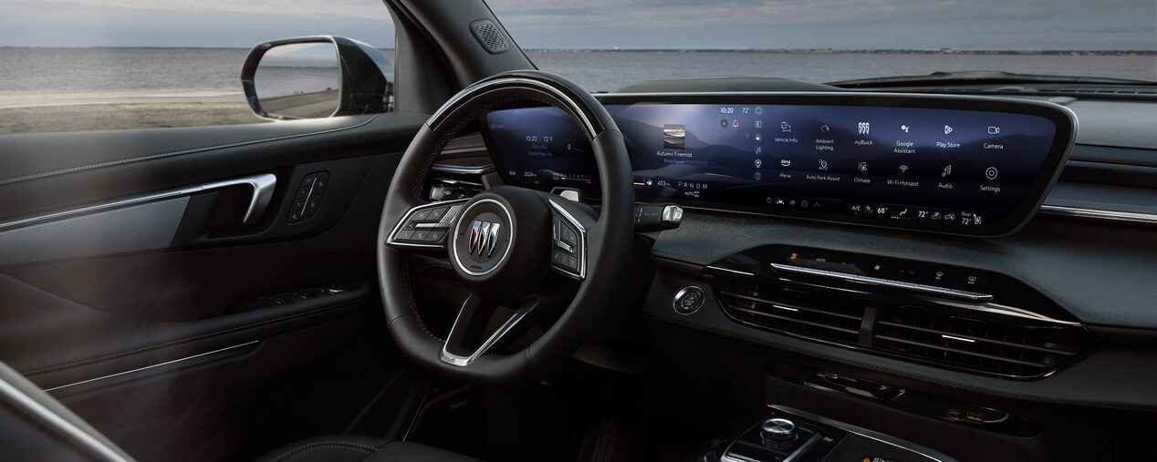 Interior View of the Steering Wheel and Infotainment Screen in the Buick Enclave