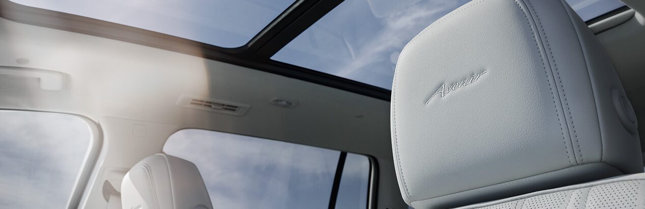 White leather headrest and side panel inside vehicle