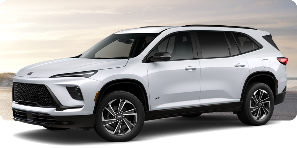 Front-Three Quarter View of a White Buick Enclave ST Sport SUV Parked Near a Beach