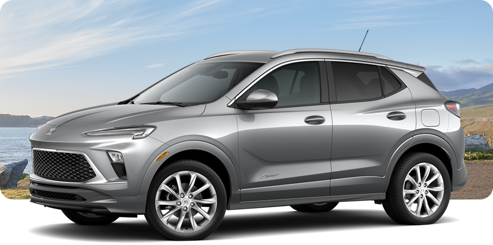 Front-Three Quarter View of a Grey Buick Encore GX Avenir Luxury SUV Parked Near a Beach