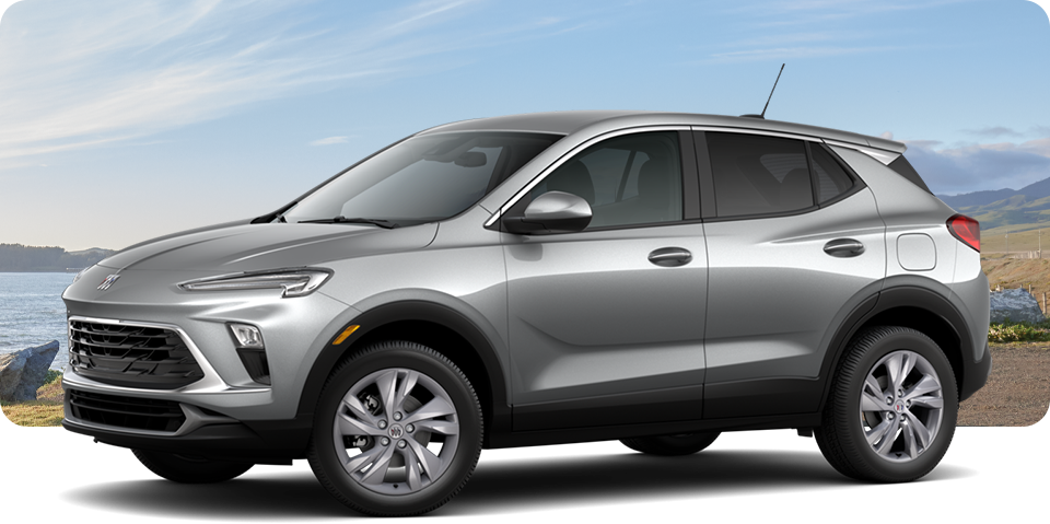 Front-Three Quarter View of a Grey Buick Encore GX Small SUV Parked Near a Beach