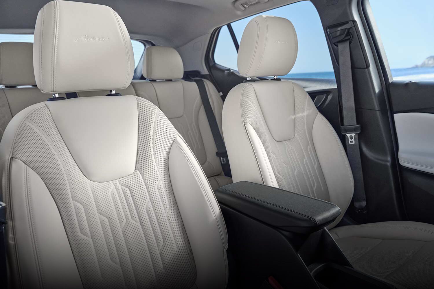 Light Colored Perforated Leather Seats with Avenir Embossed on the Headrests and an Ocean View