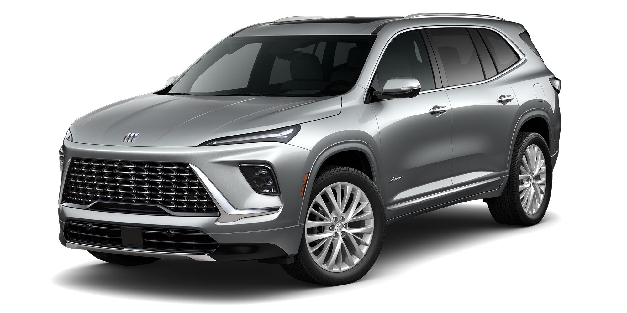 Front Three-Quarters View of a Moonstone Gray Metallic 2026 Buick Enclave Anenir Luxury Mid-Size SUV