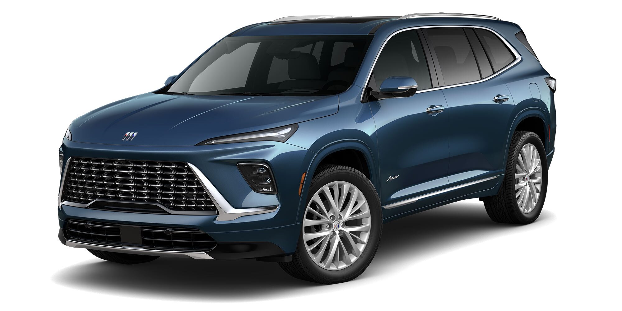 Front Three-Quarters View of a Ocean Blue Metallic 2026 Buick Enclave Anenir Luxury Mid-Size SUV