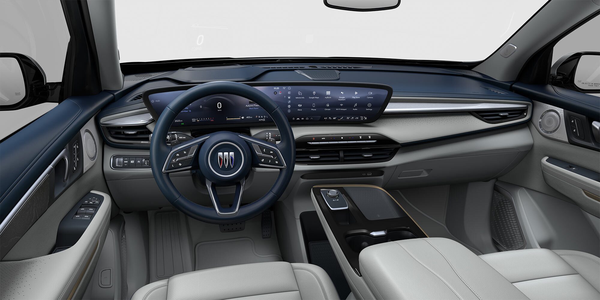 Interior View of the Front Row Seating in the Color Cool Gray with Slate Blue Accents in the 2026 Buick Enclave Anenir Luxury Mid-Size SUV