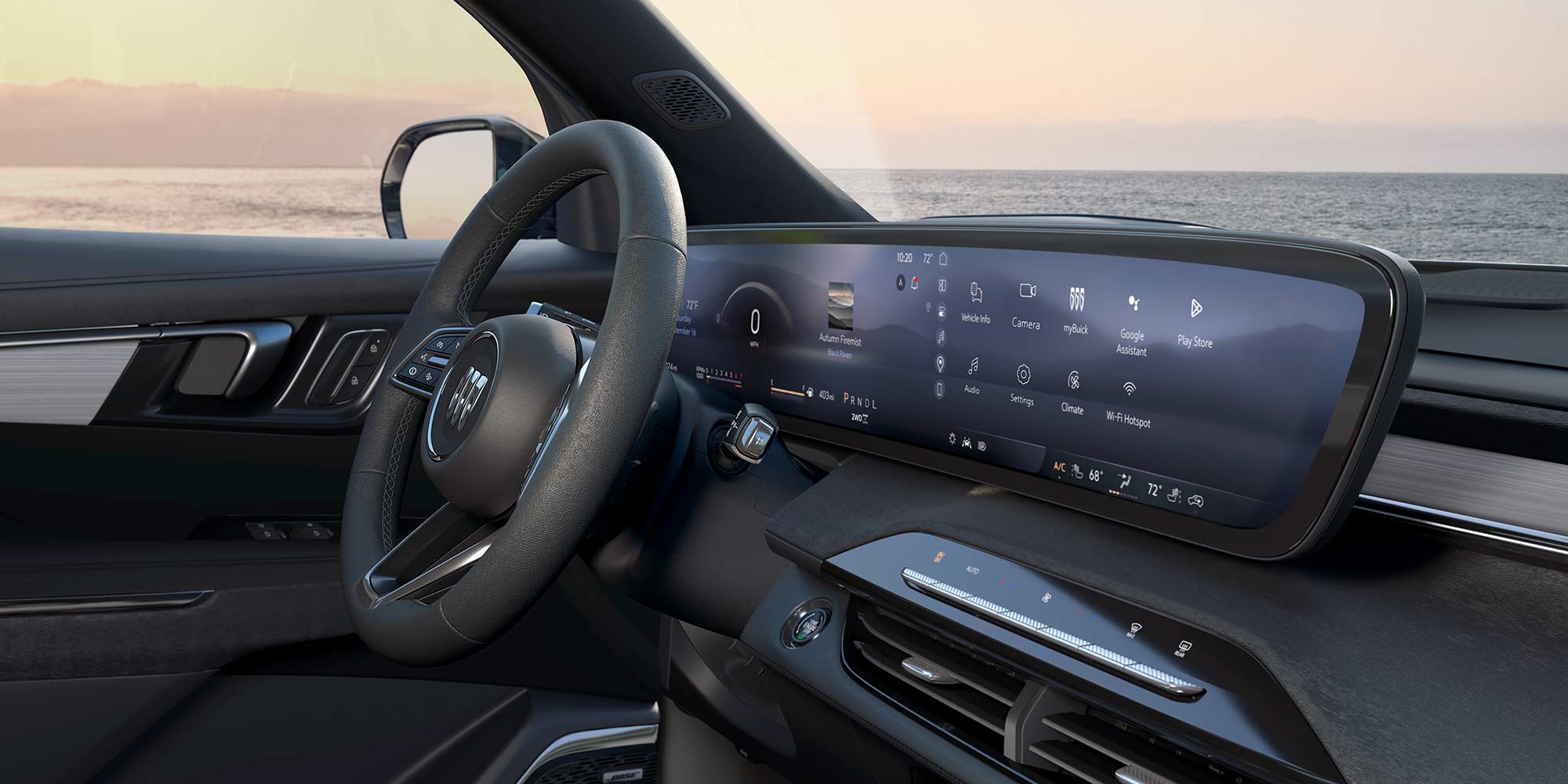 Interior View of the Steering Wheel and Dashboard from the Passengers Side View in the 2026 Buick Enclave Preferred 3 Row SUV