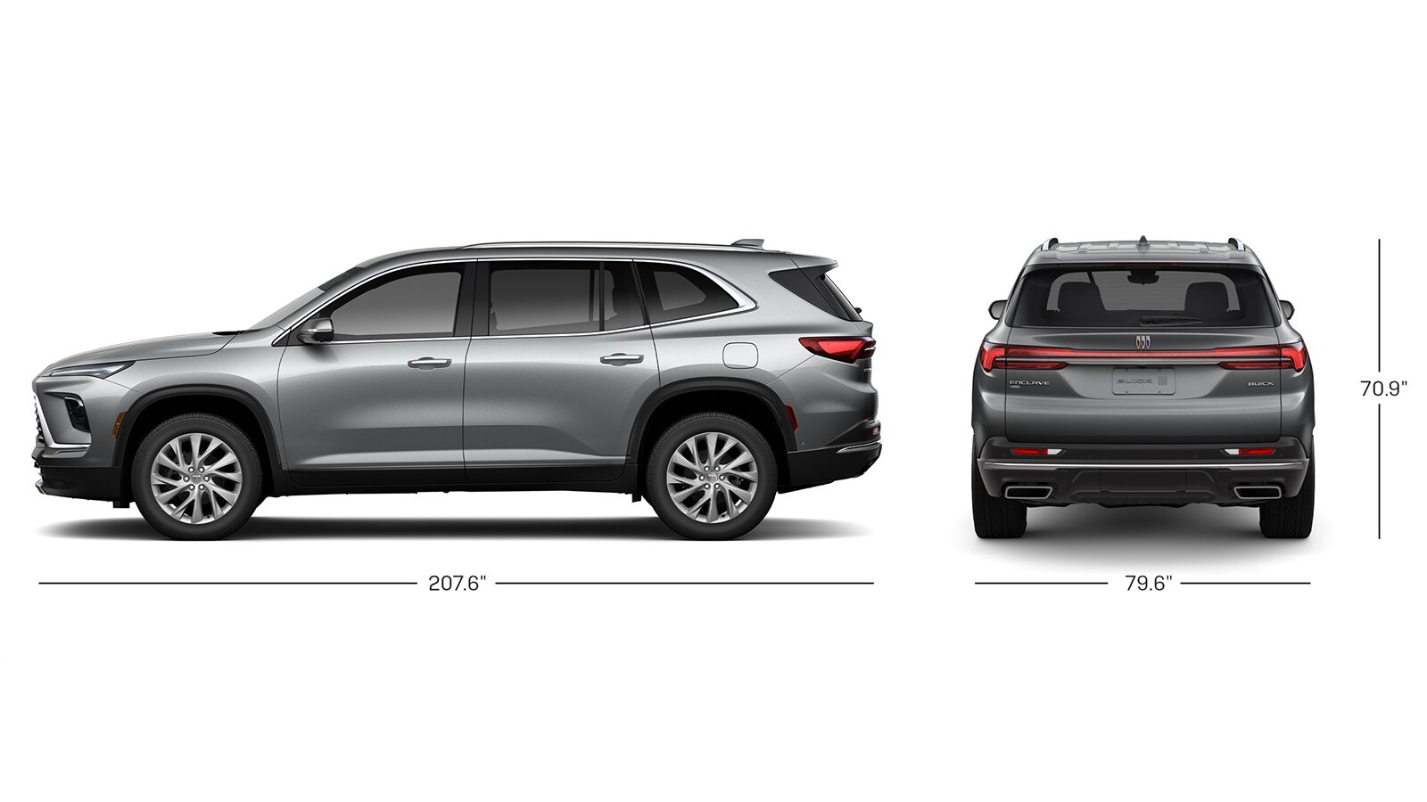 Side View and Rear View of a Silver Buick Enclave with Height and Width