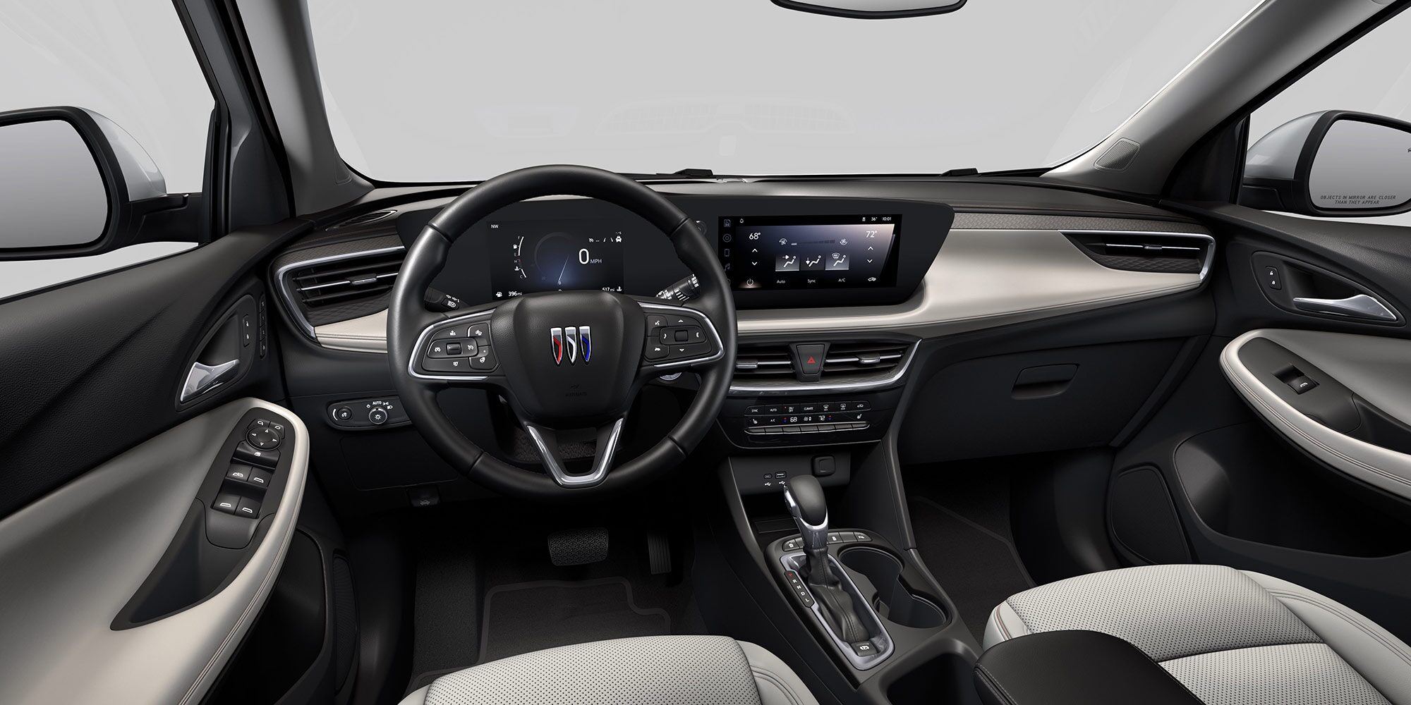View of the 2026 Buick Encore GX Avenir Luxury SUV Light Interior Dashboard, Steering Wheel, and Infotainment Screen