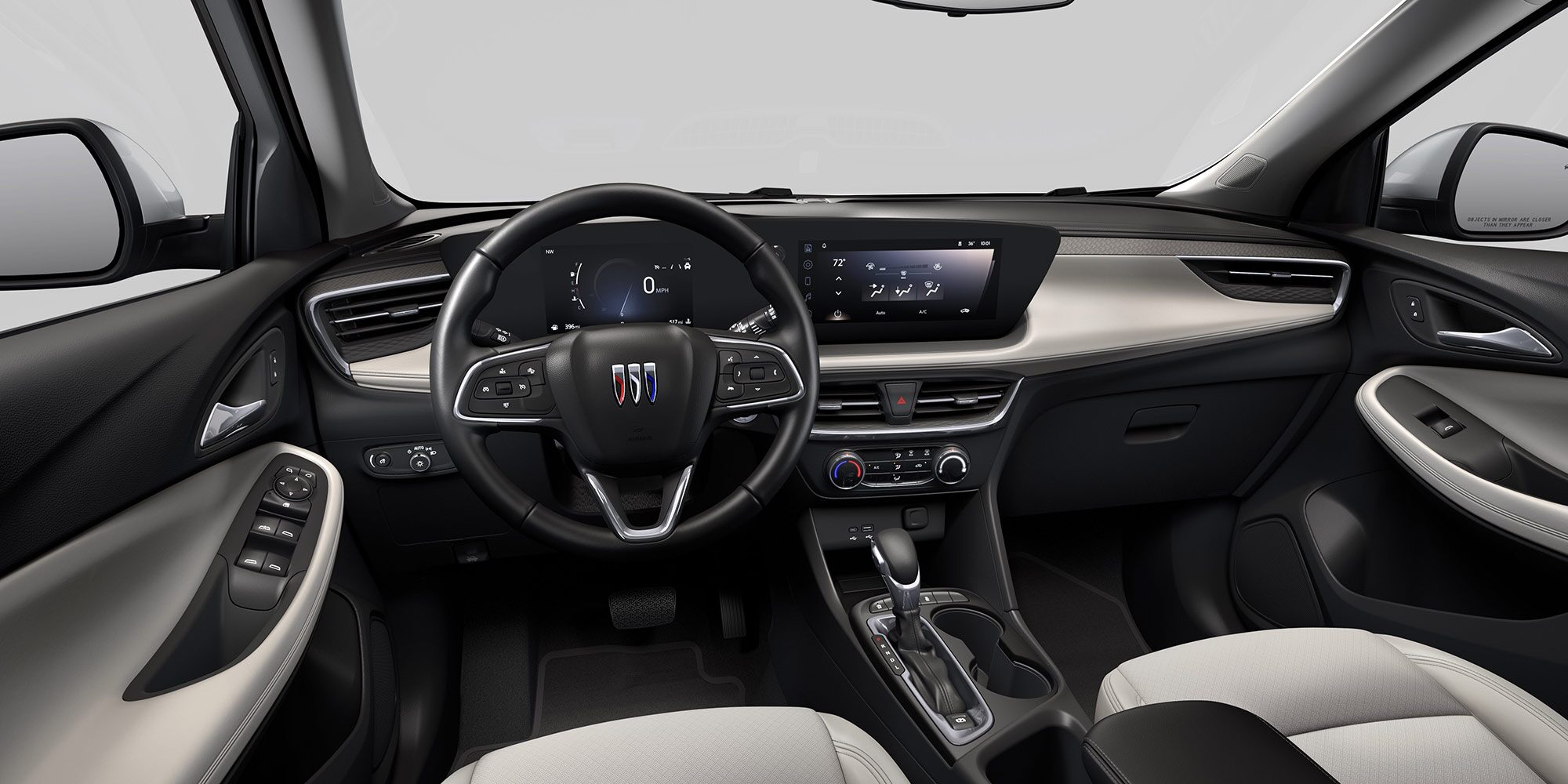 View of the 2026 Buick Encore GX Preferred Subcompact SUV Light Interior Dashboard, Steering Wheel, and Infotainment Screen