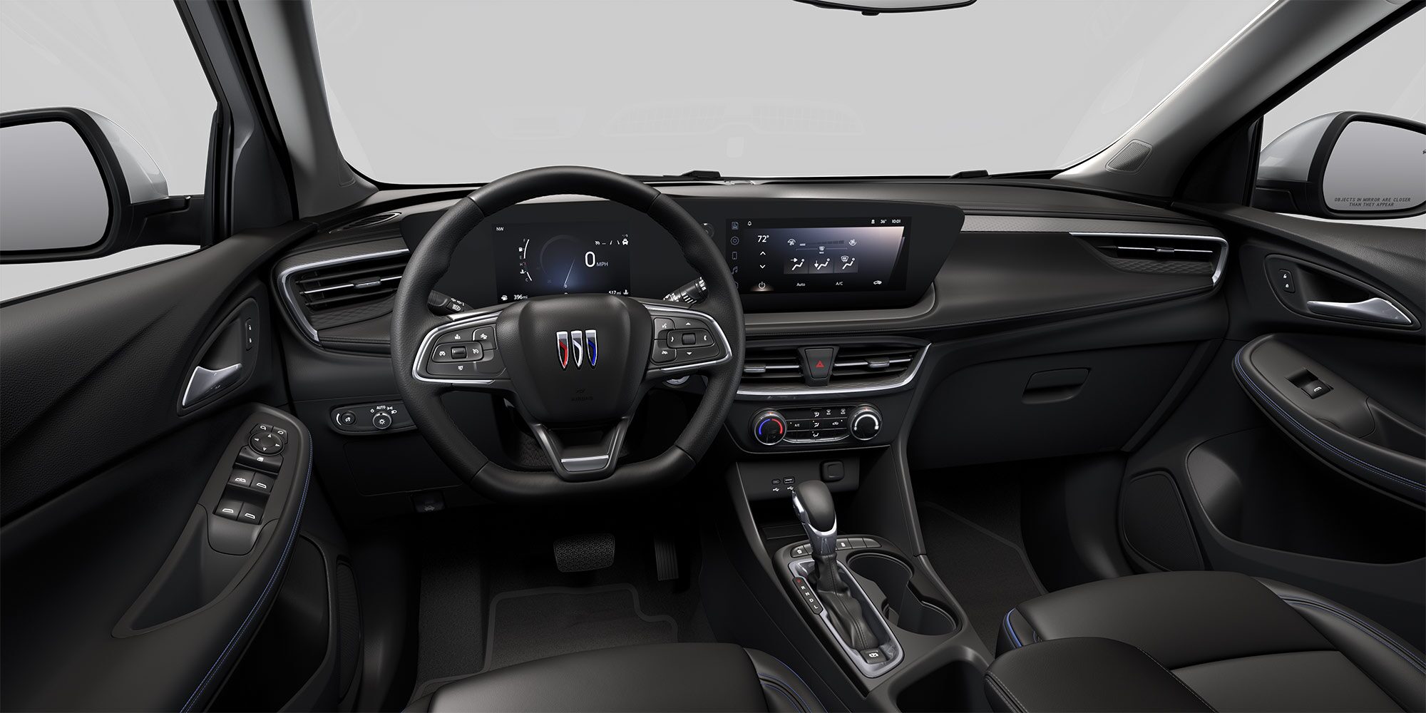 View of the 2026 Buick Encore GX ST Sporty SUV Dark Interior Dashboard, Steering Wheel, and Infotainment Screen