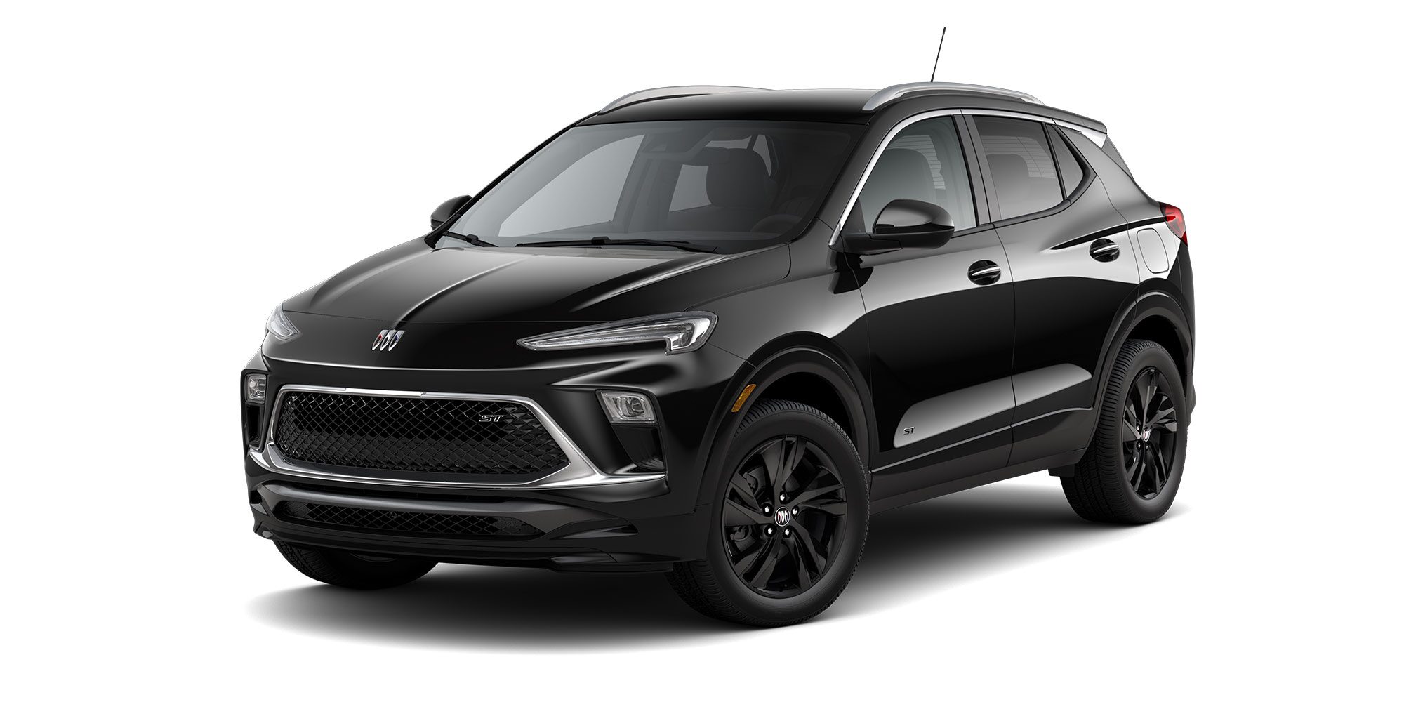 Front Three-Quarters View of the 2026 Buick Encore GX ST Sporty SUV in the Color Ebony Twilight Metallic