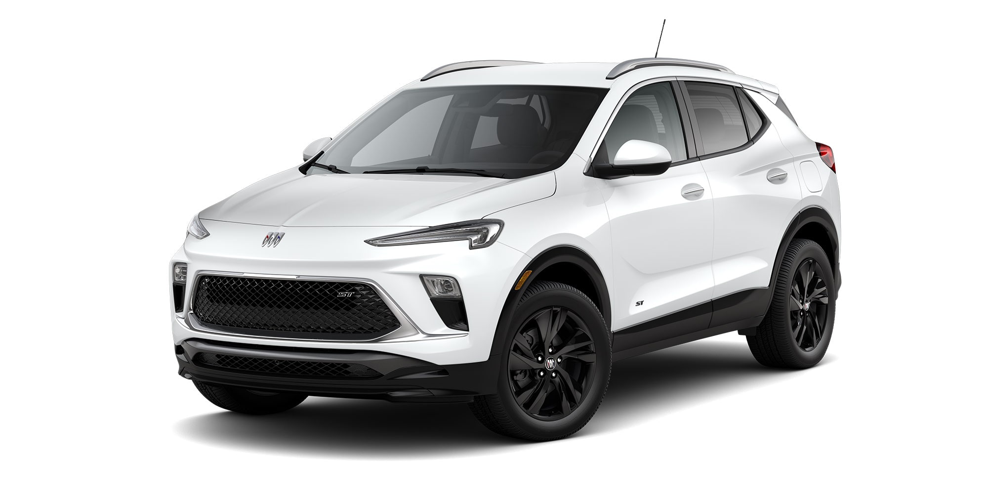 Front Three-Quarters View of the 2026 Buick Encore GX ST Sporty SUV in the Color Summit White