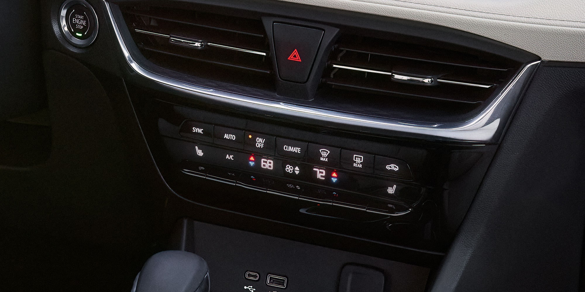 Close up view of the Dual-Zone Climate Controls inside the 2026 Buick Encore GX Avenir.