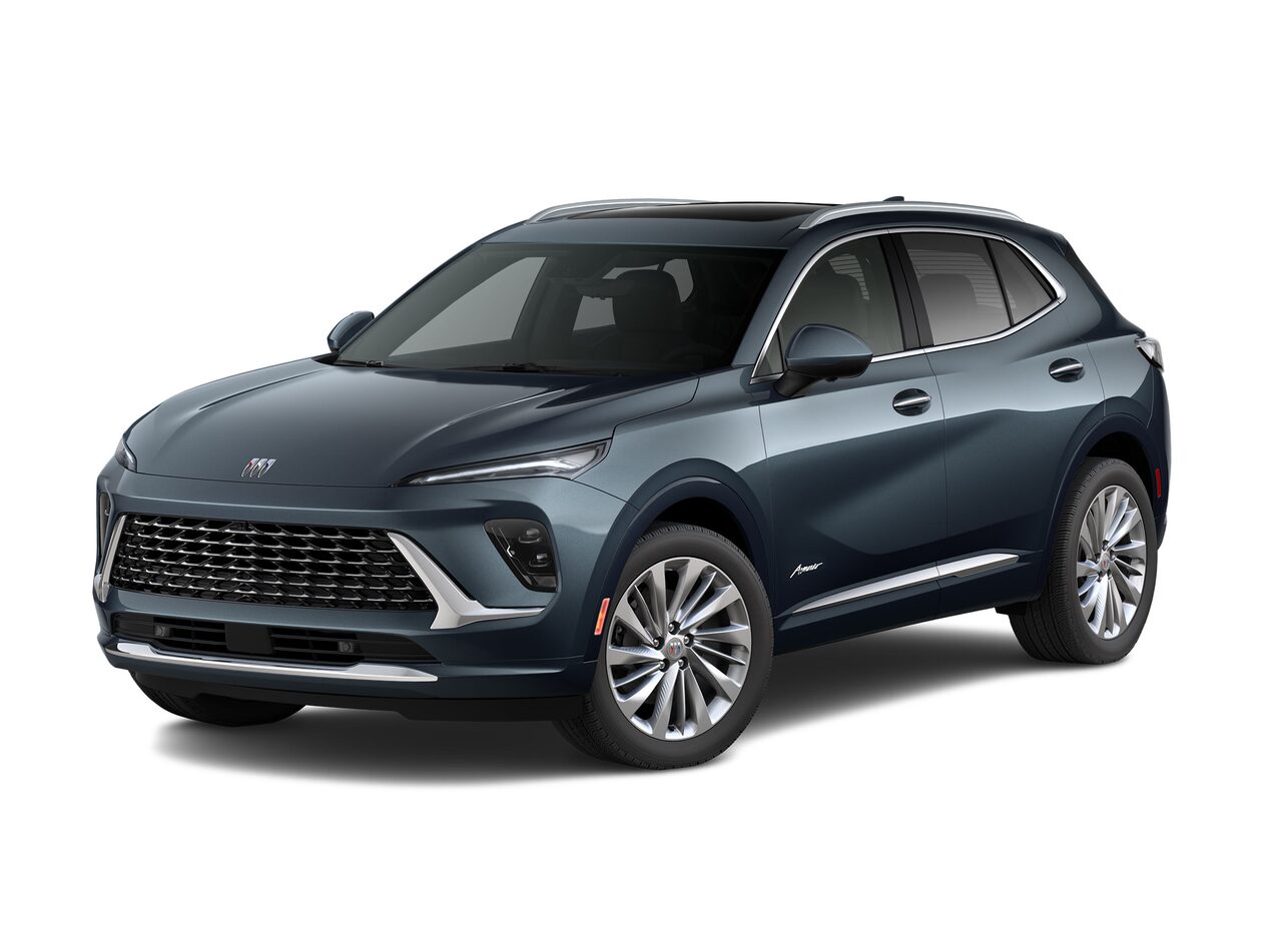 Front Three-Quarters View of the 2026 Buick Envision Avenir Compact SUV in the color Quartz Blue Metallic