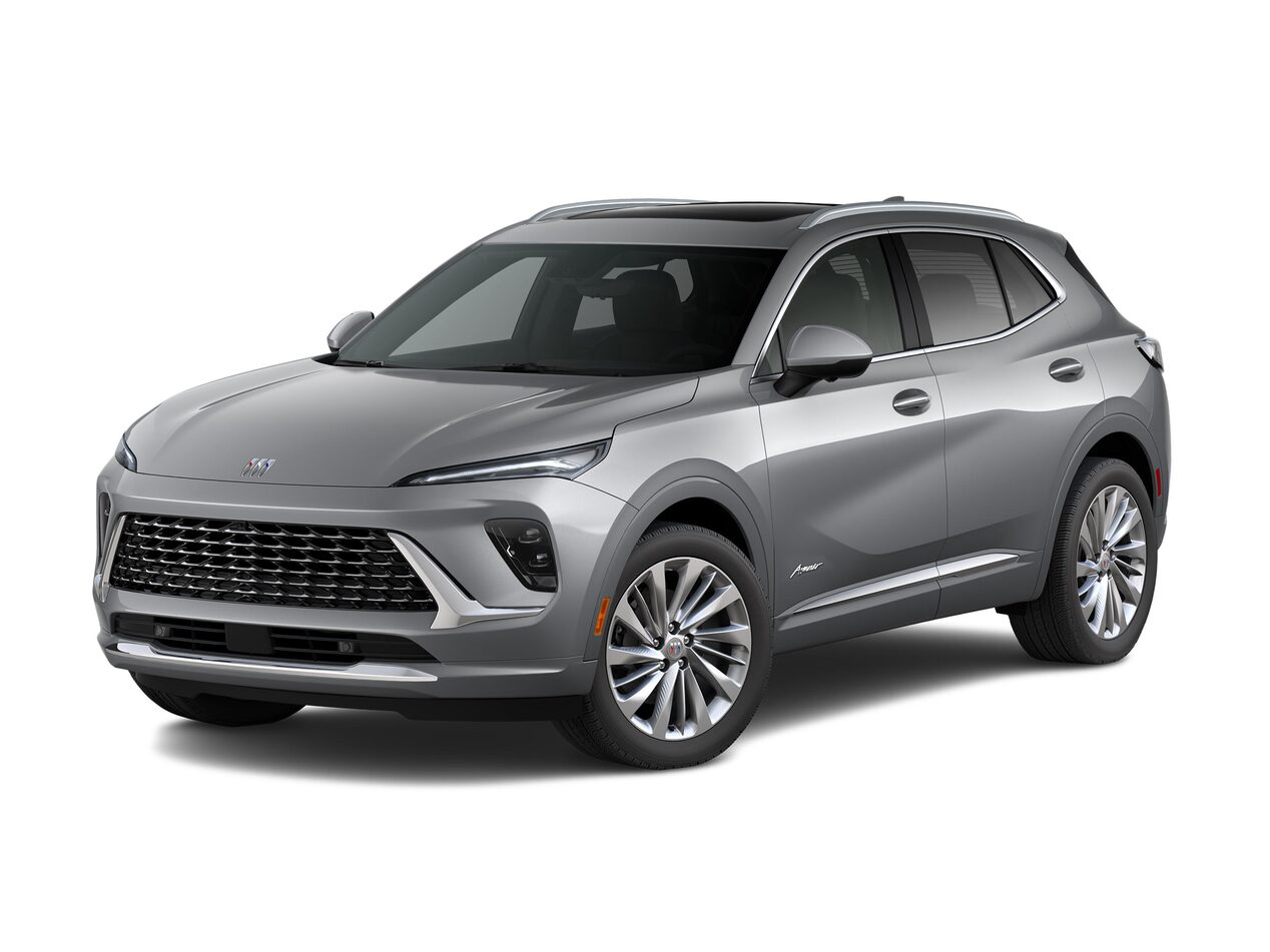 Front Three-Quarters View of the 2026 Buick Envision Avenir Compact SUV in the color  Moonstone Gray Metallic
